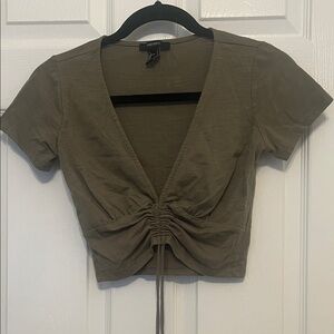Forever 21 Olive Ruched V-Neck Crop Top